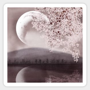 Blooming Sakura tree on water. Full moon romantic landscape watercolor Sticker